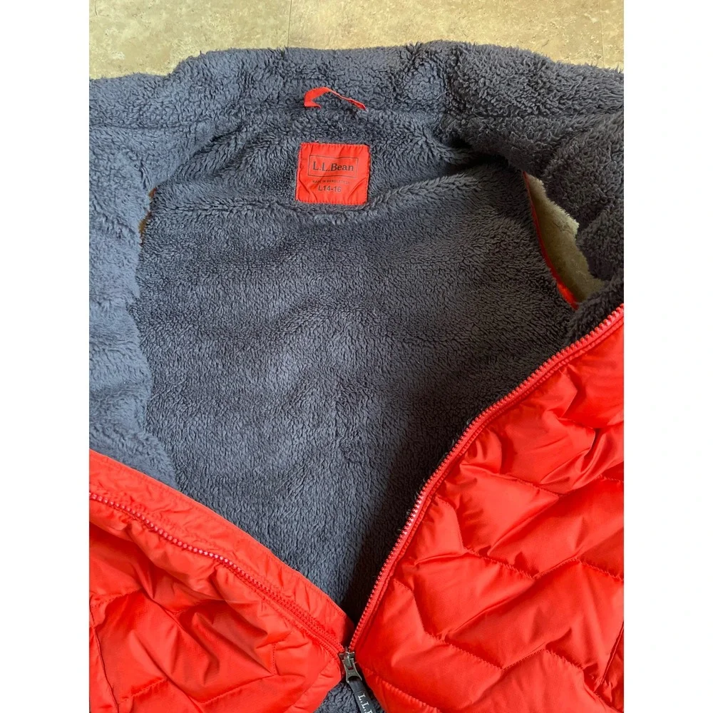 LL Bean Kids Red Puffer Vest Sherpa Lined Quilted Full Zip Size L 14-16